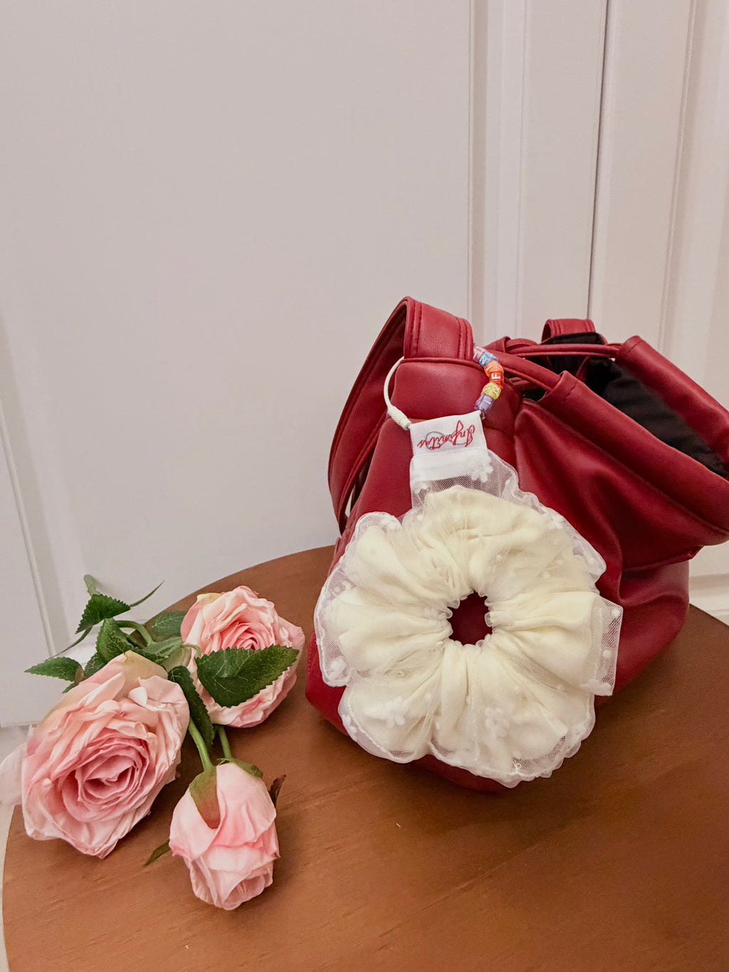 奶白紗邊碎花髮圈 Cream Tulle Floral Scrunchie