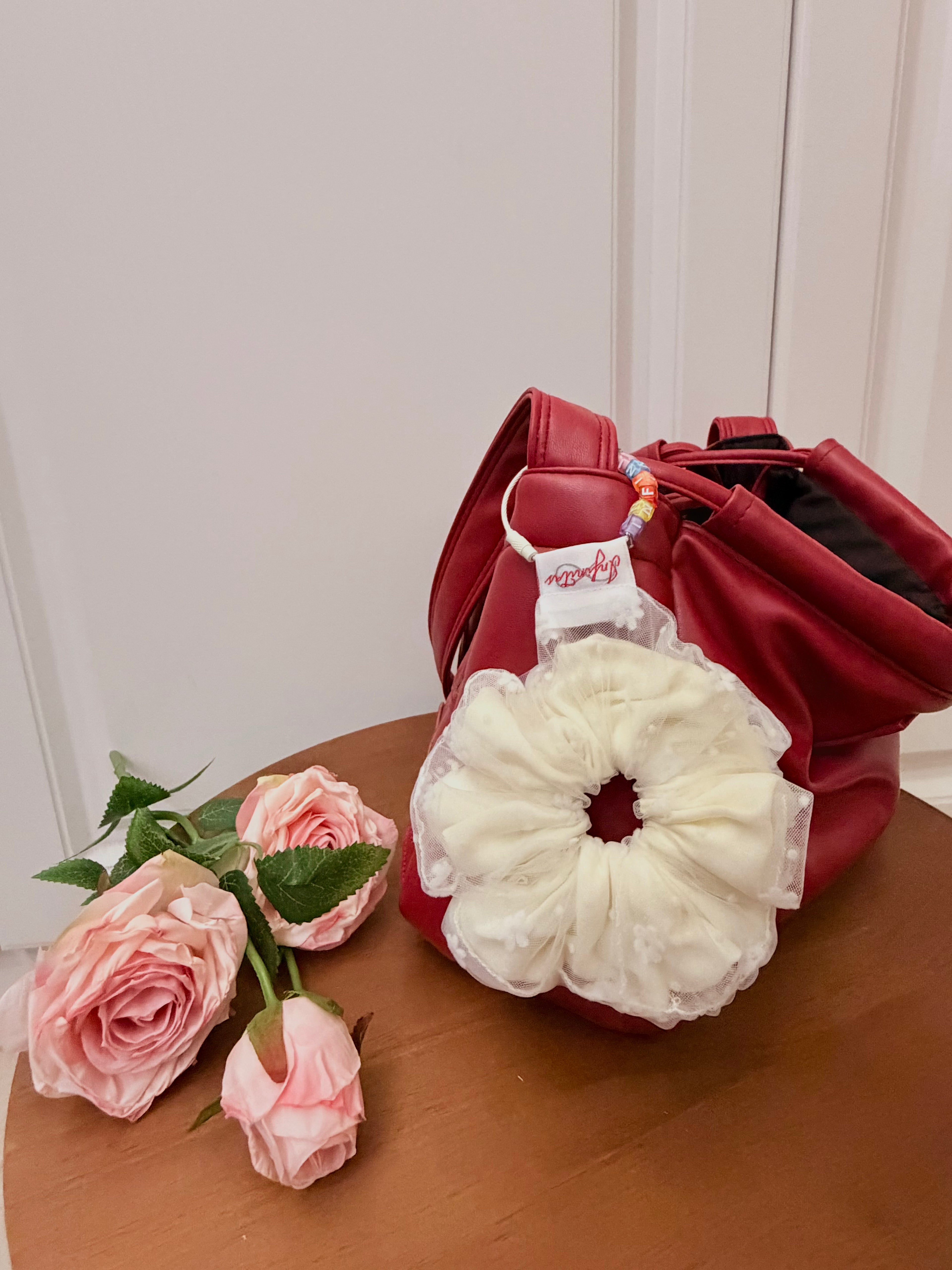 奶白紗邊碎花髮圈 Cream Tulle Floral Scrunchie