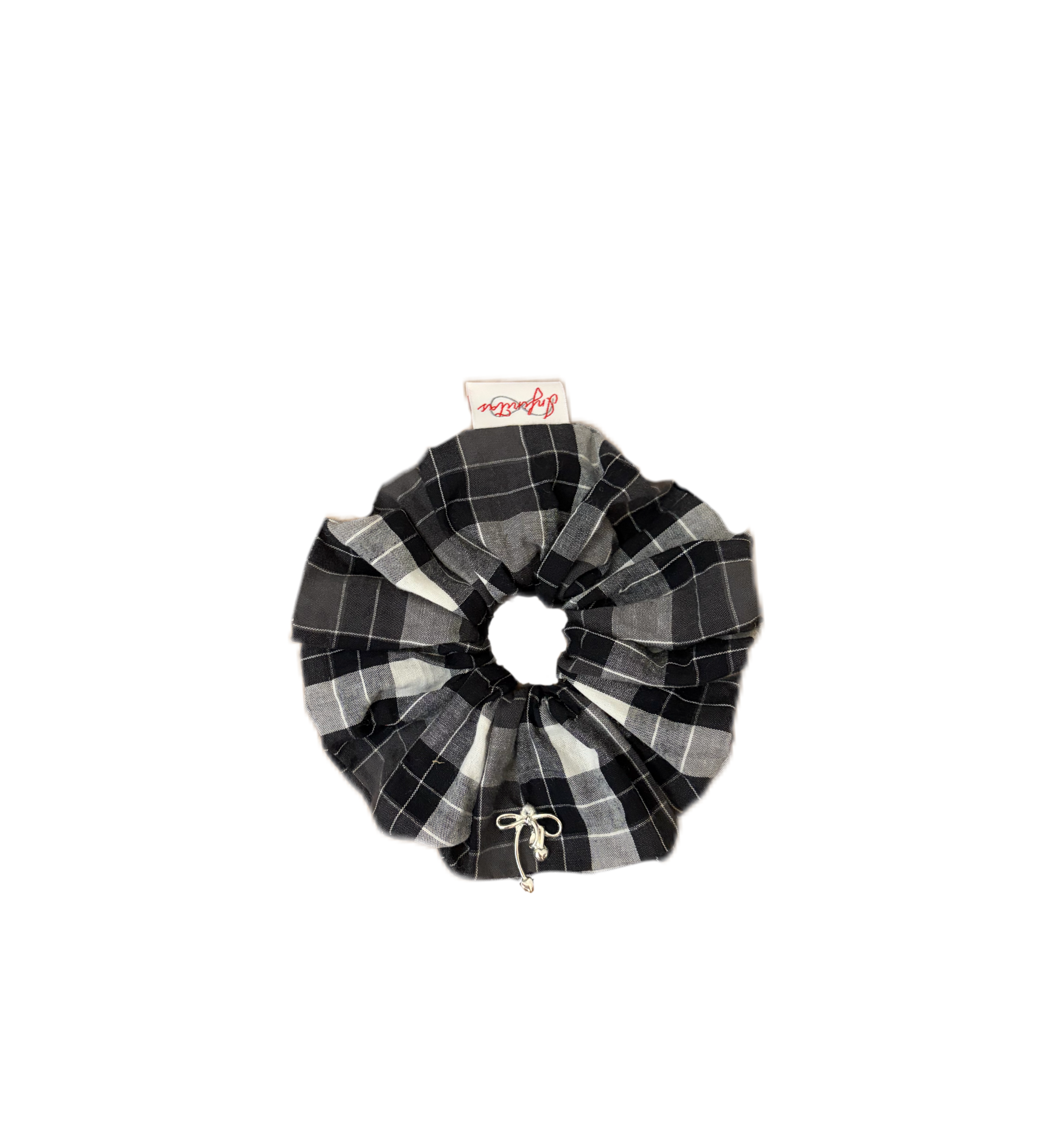 黑白格银蝴蝶结发圈 Black & White Checkered Bow Scrunchie