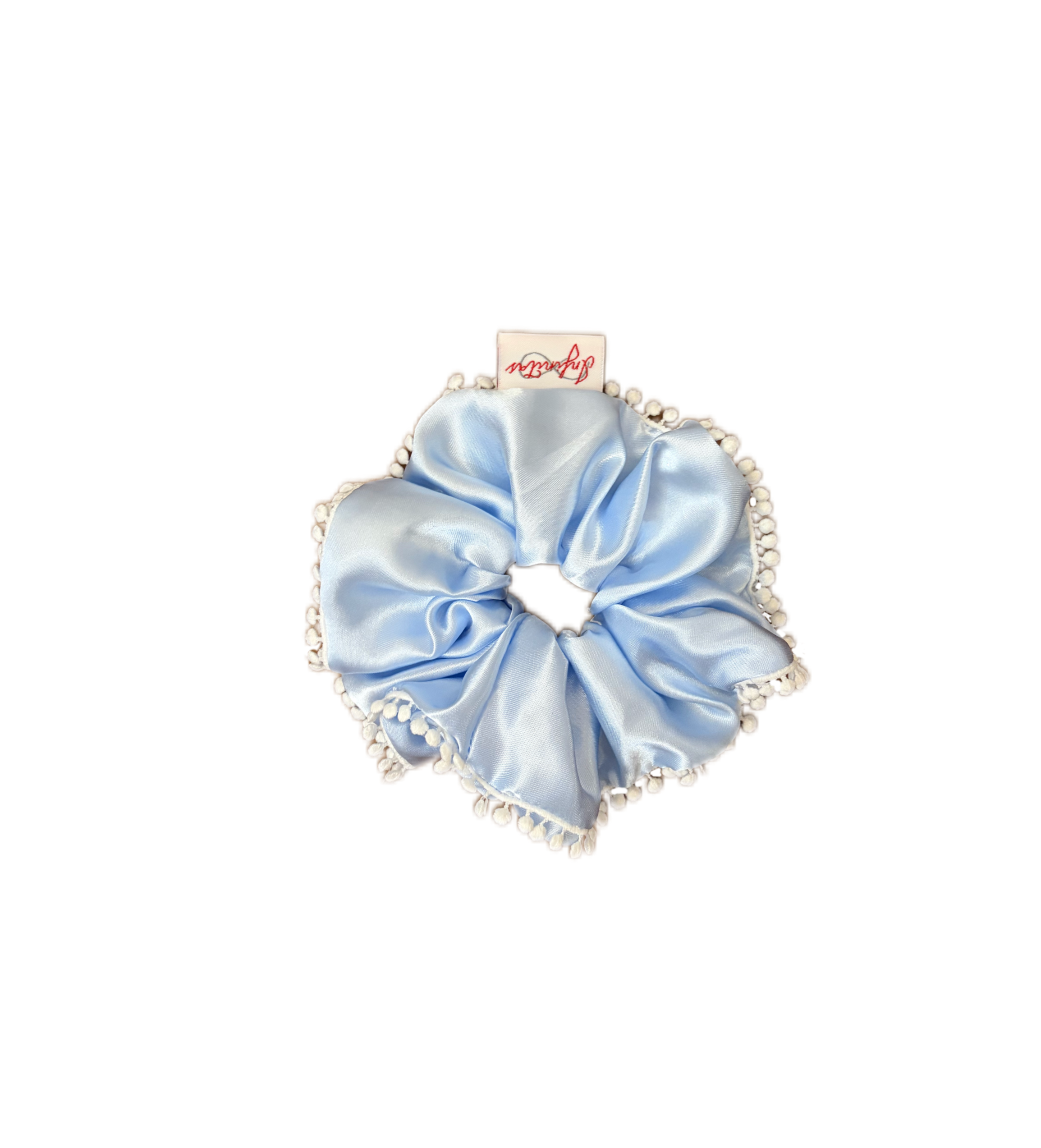 緞面淺藍白絨球發圈  Light Blue Satin Pom-pom Scrunchie