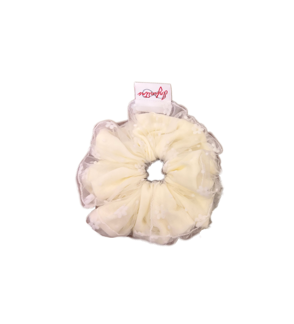 奶白紗邊碎花髮圈 Cream Tulle Floral Scrunchie