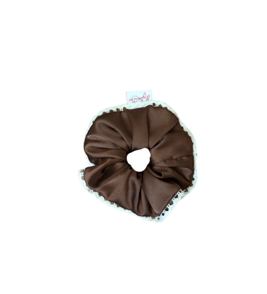 深棕緞面蕾絲邊髮圈 Dark Brown Satin Scrunchie with Lace Trim