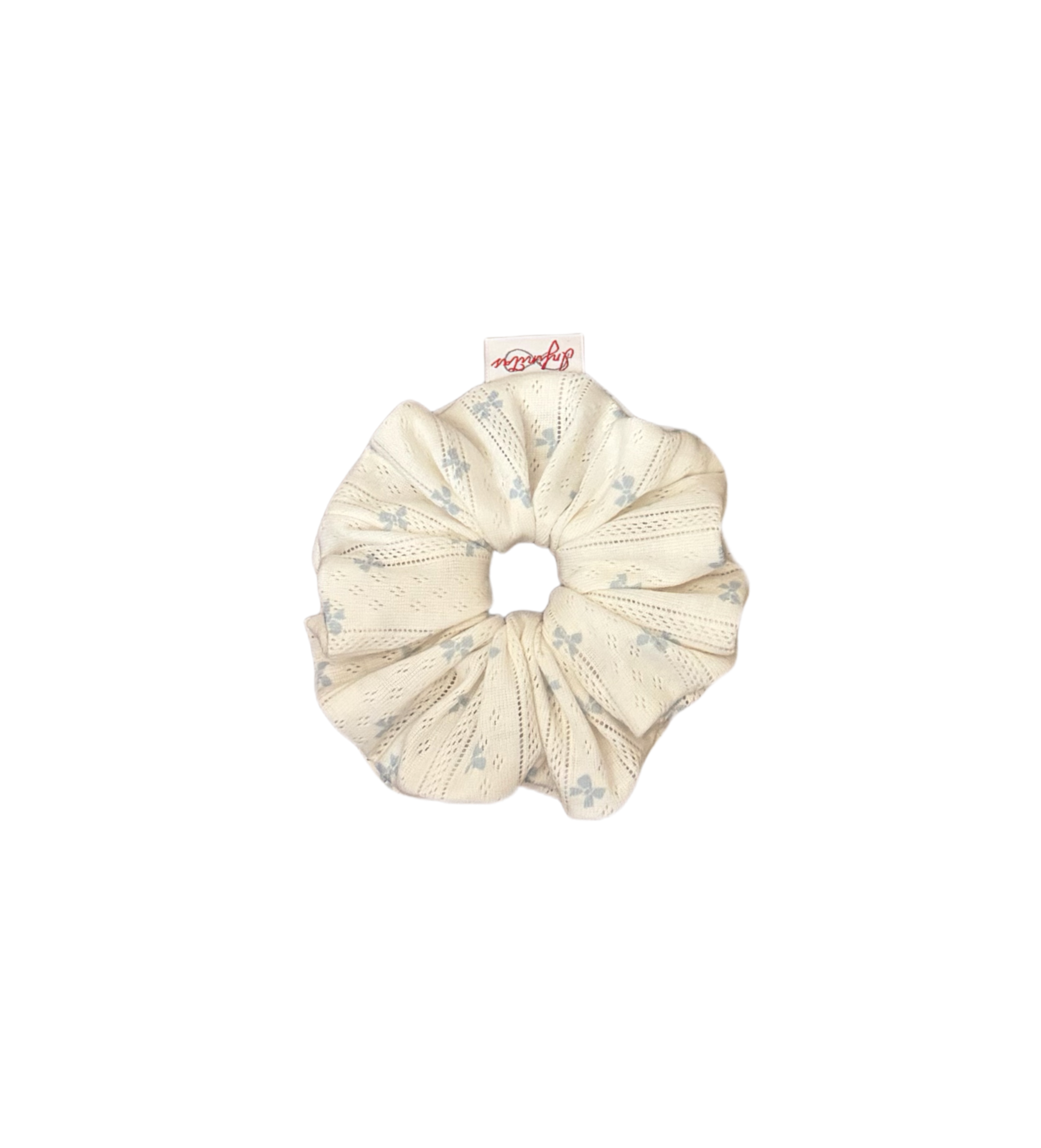 奶白針織鏤空藍蝴蝶結發圈 Cream Knit Eyelet Scrunchie with Blue Bows