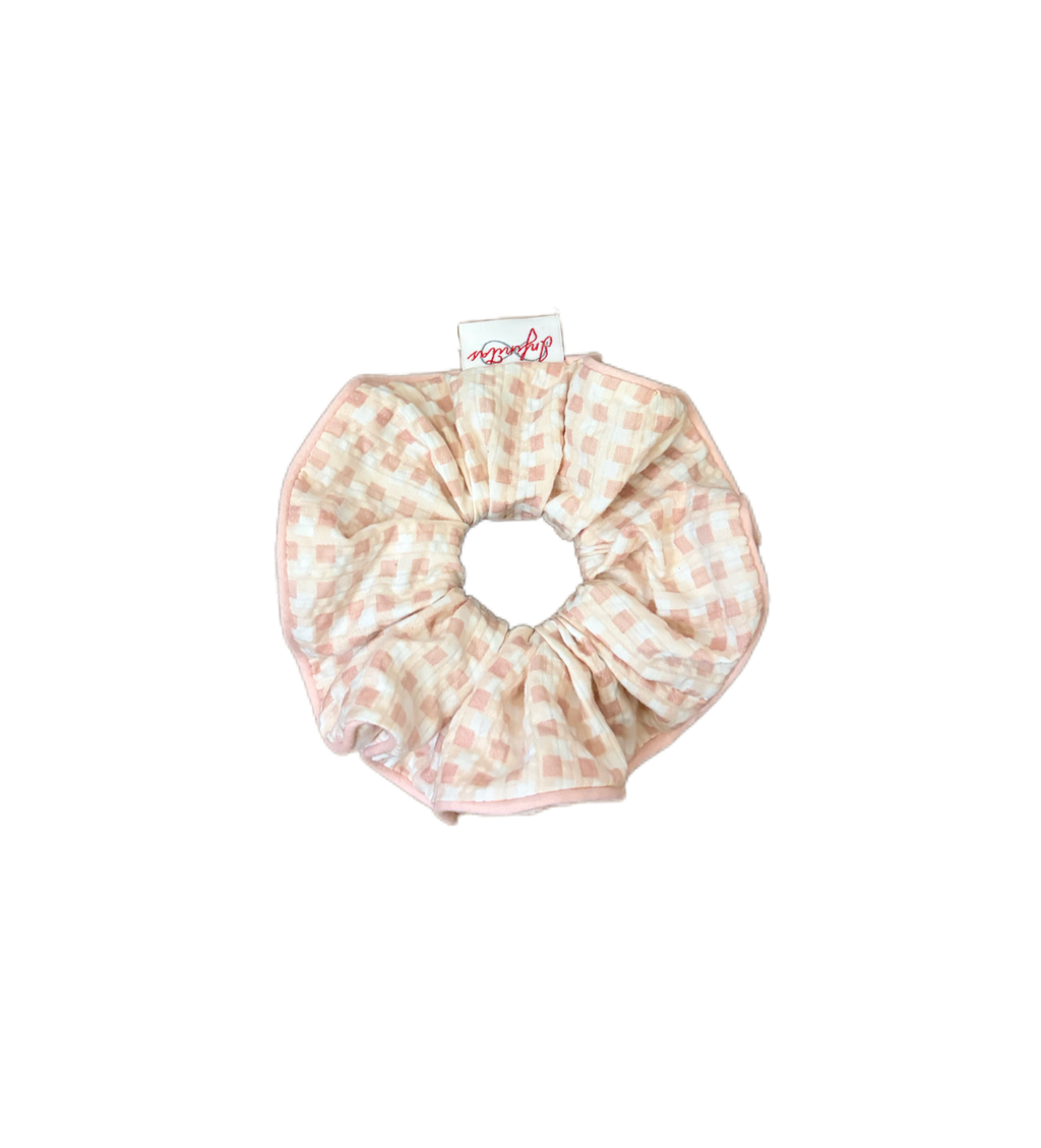 粉白格子包邊髮圈 Pink and White Plaid Scrunchie with Trim