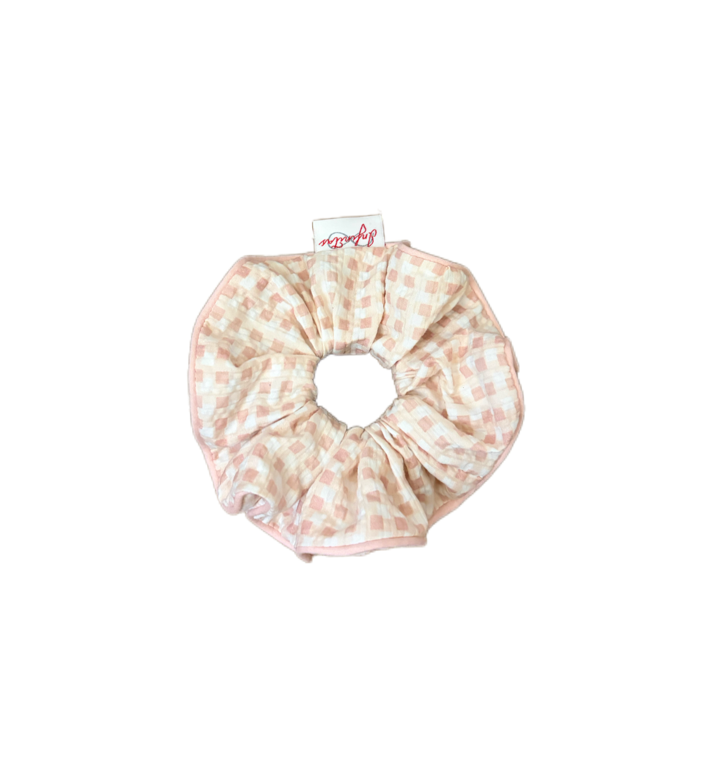 粉白格子包邊髮圈 Pink and White Plaid Scrunchie with Trim