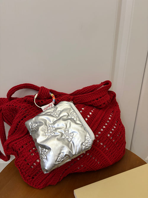 亮面銀蝴蝶結小物袋 Shiny Silver Bow  Zipper Pouch