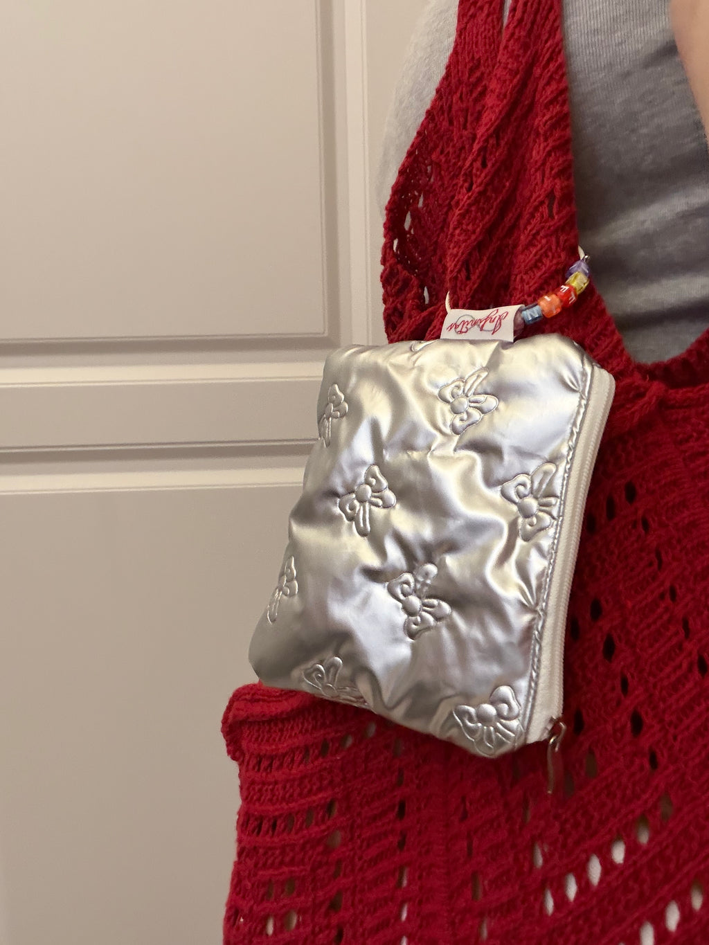 亮面銀蝴蝶結小物袋 Shiny Silver Bow  Zipper Pouch