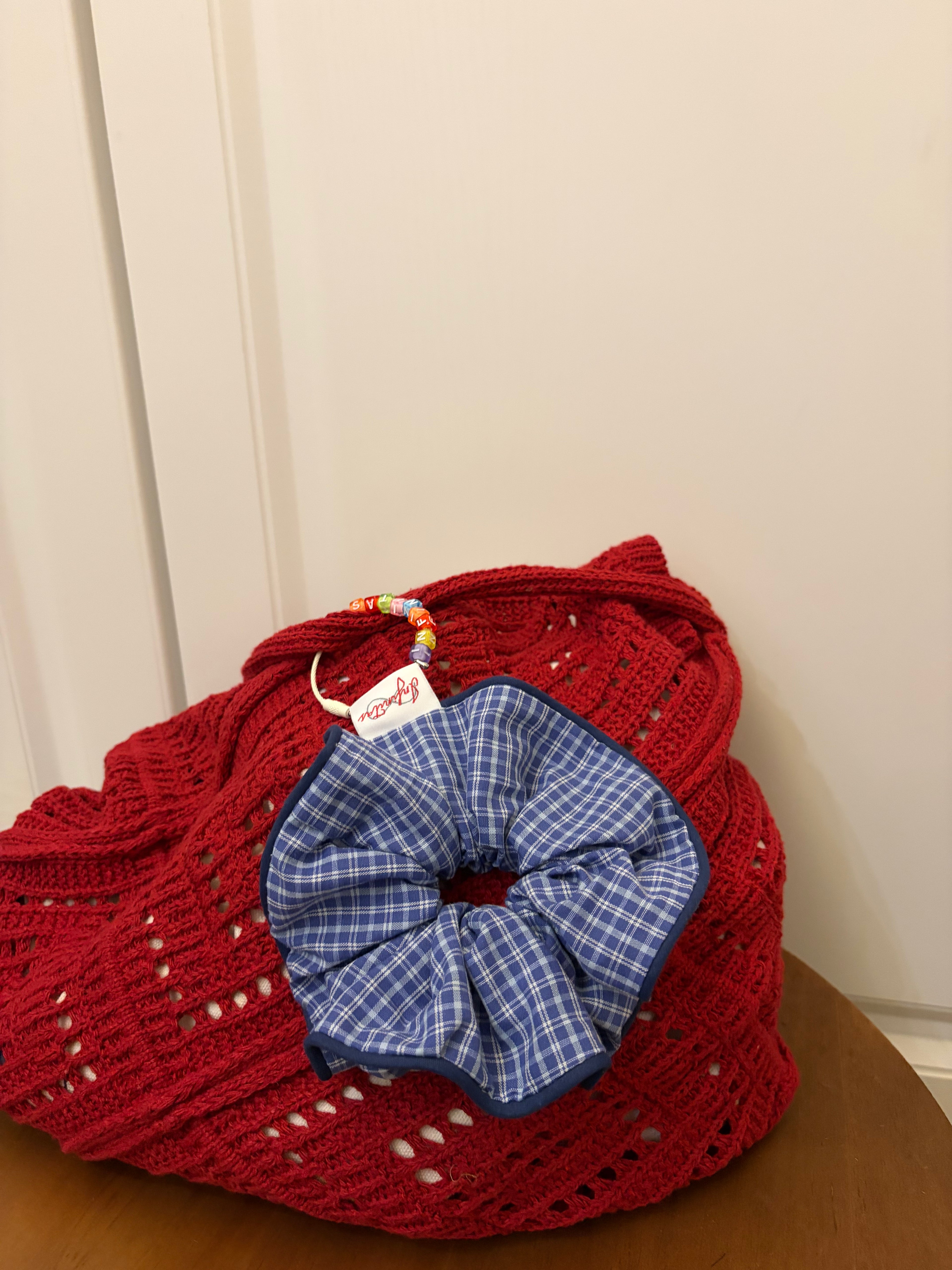 復古藍格紋包邊發圈 Navy Plaid Trimmed Scrunchie