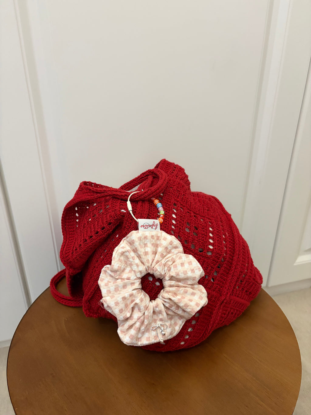 粉白格子蝴蝶結髮圈 Pink and White Plaid Bow Scrunchie